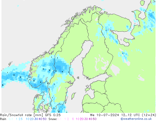 Regen/Sneeuwval GFS 0.25 wo 10.07.2024 12 UTC