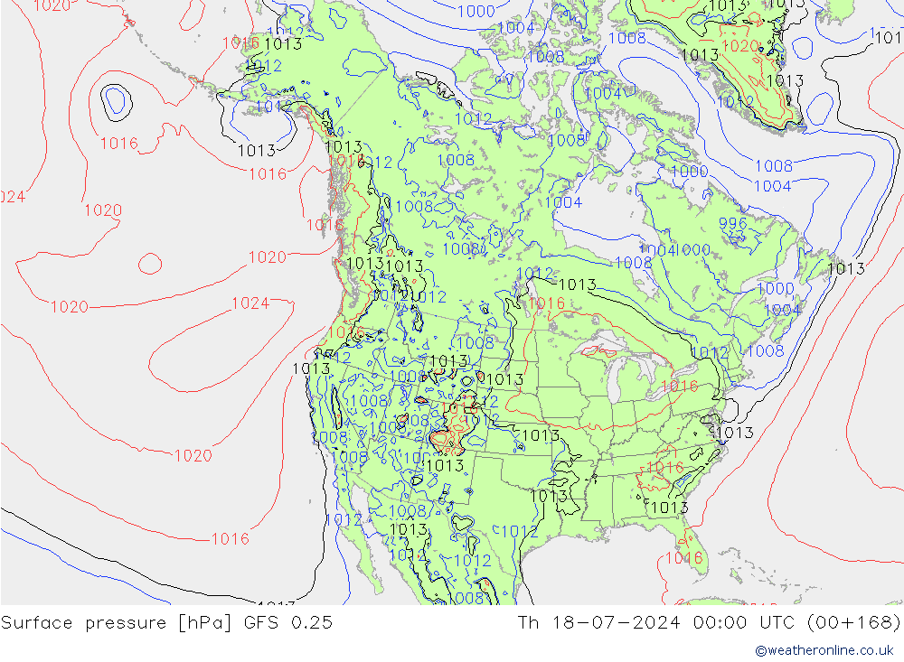 Luchtdruk (Grond) GFS 0.25 do 18.07.2024 00 UTC