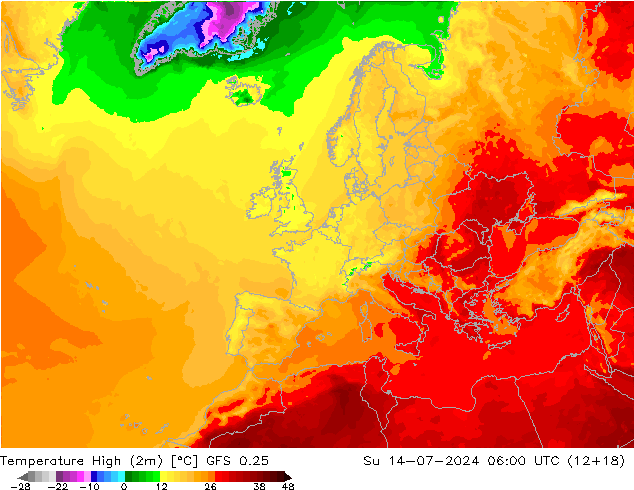 Temperature High (2m) GFS 0.25 星期日 14.07.2024 06 UTC