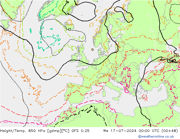 Z500/Rain (+SLP)/Z850 GFS 0.25 星期三 17.07.2024 00 UTC