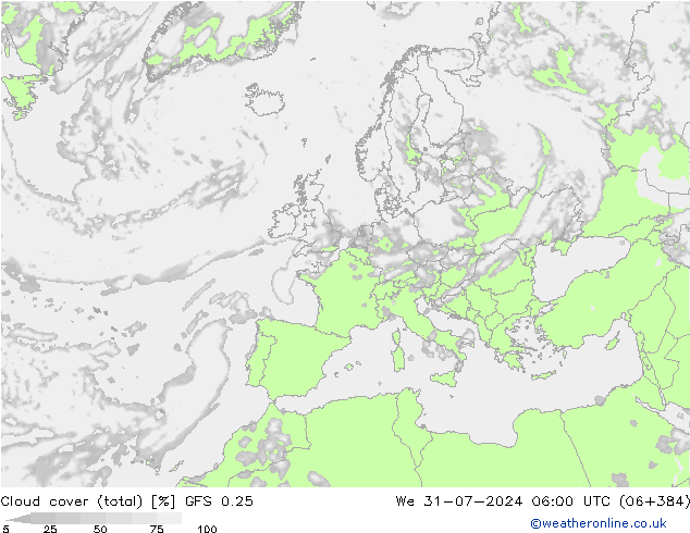 Bewolking (Totaal) GFS 0.25 wo 31.07.2024 06 UTC