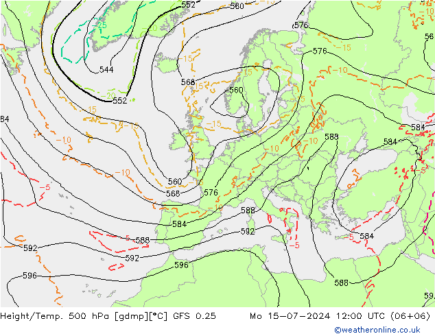 Z500/Rain (+SLP)/Z850 GFS 0.25 星期一 15.07.2024 12 UTC