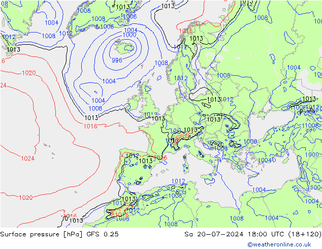 地面气压 GFS 0.25 星期六 20.07.2024 18 UTC