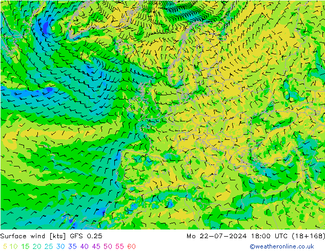 风 10 米 GFS 0.25 星期一 22.07.2024 18 UTC