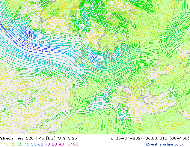 风 500 hPa GFS 0.25 星期二 23.07.2024 06 UTC