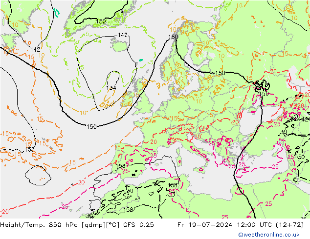 Z500/Rain (+SLP)/Z850 GFS 0.25 星期五 19.07.2024 12 UTC