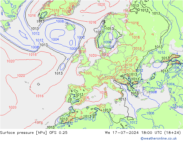 Luchtdruk (Grond) GFS 0.25 wo 17.07.2024 18 UTC