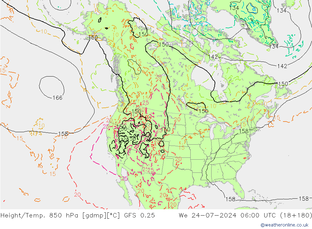 Z500/Rain (+SLP)/Z850 GFS 0.25 星期三 24.07.2024 06 UTC