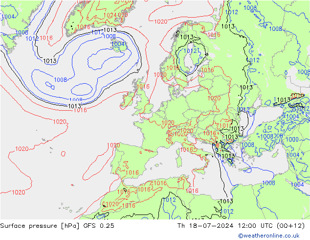地面气压 GFS 0.25 星期四 18.07.2024 12 UTC