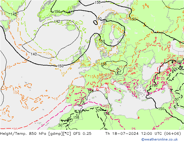 Hoogte/Temp. 850 hPa GFS 0.25 do 18.07.2024 12 UTC