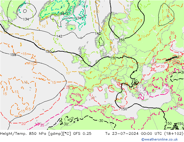 Z500/Rain (+SLP)/Z850 GFS 0.25 星期二 23.07.2024 00 UTC