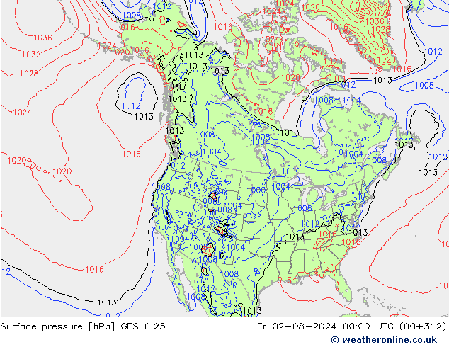 地面气压 GFS 0.25 星期五 02.08.2024 00 UTC