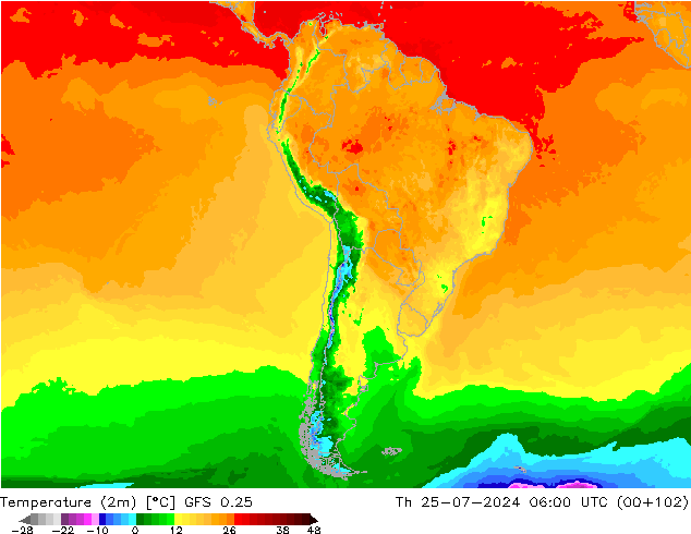 Temperatuurkaart (2m) GFS 0.25 do 25.07.2024 06 UTC