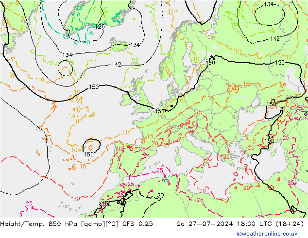 Z500/Rain (+SLP)/Z850 GFS 0.25 Sa 27.07.2024 18 UTC