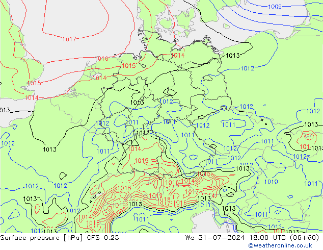 Luchtdruk (Grond) GFS 0.25 wo 31.07.2024 18 UTC
