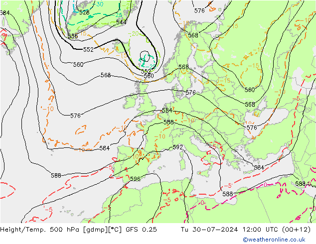 Z500/Rain (+SLP)/Z850 GFS 0.25 星期二 30.07.2024 12 UTC