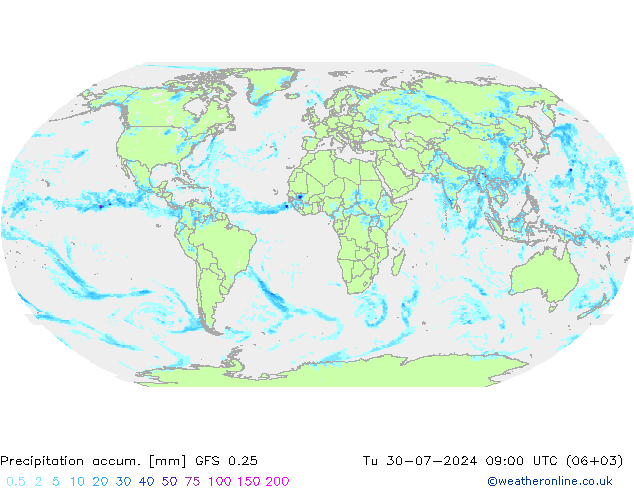 Precipitation accum. GFS 0.25 星期二 30.07.2024 09 UTC