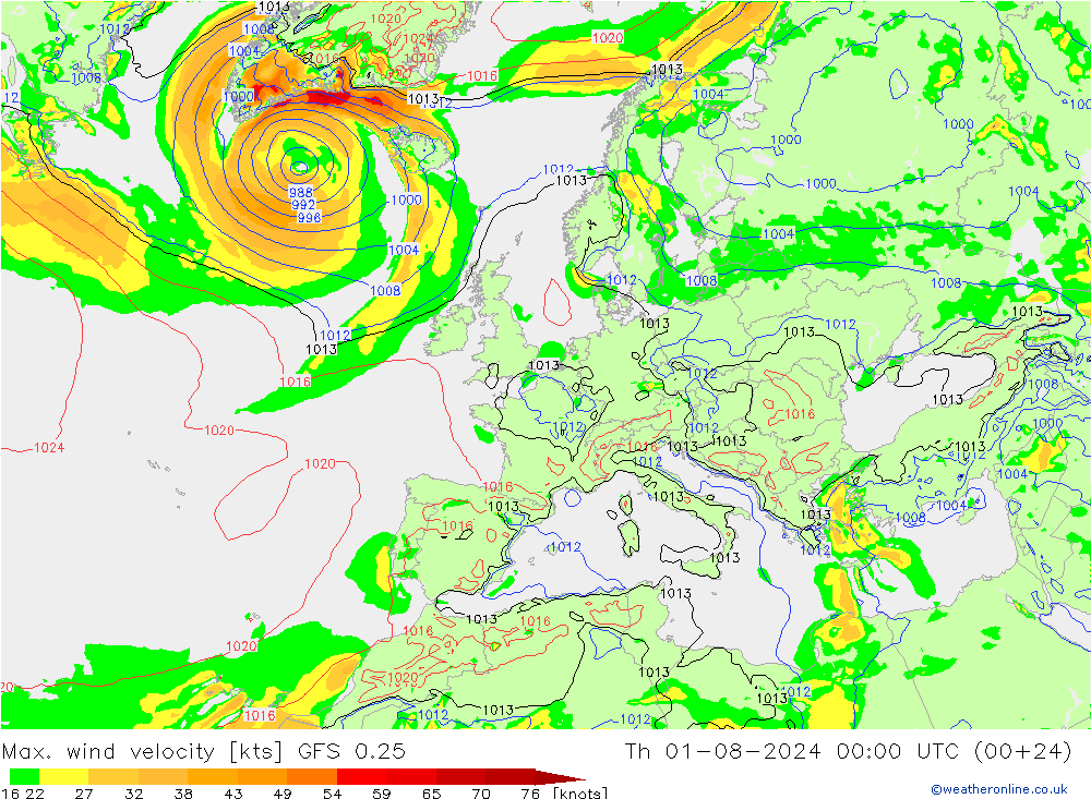 Max. wind velocity GFS 0.25 星期四 01.08.2024 00 UTC