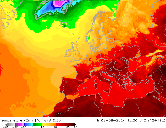 Temperatuurkaart (2m) GFS 0.25 do 08.08.2024 12 UTC