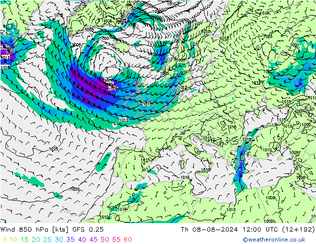 Wind 850 hPa GFS 0.25 do 08.08.2024 12 UTC