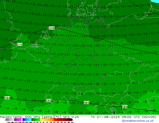 Z500/Rain (+SLP)/Z850 GFS 0.25 星期四 01.08.2024 06 UTC