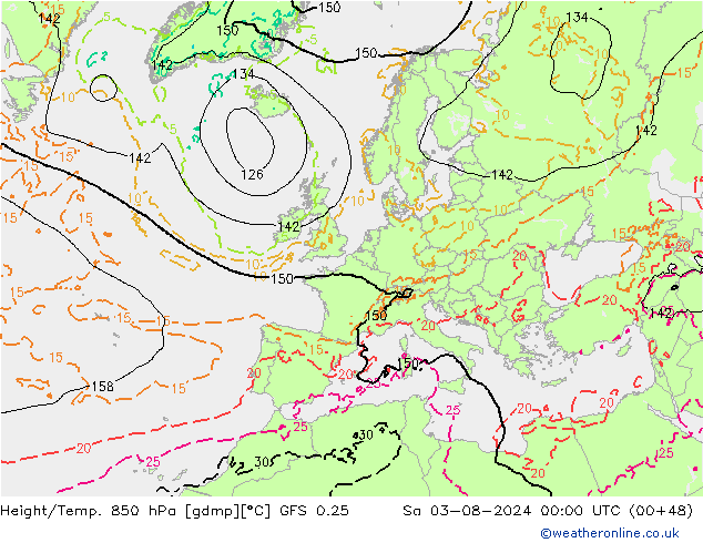 Z500/Rain (+SLP)/Z850 GFS 0.25 Sa 03.08.2024 00 UTC