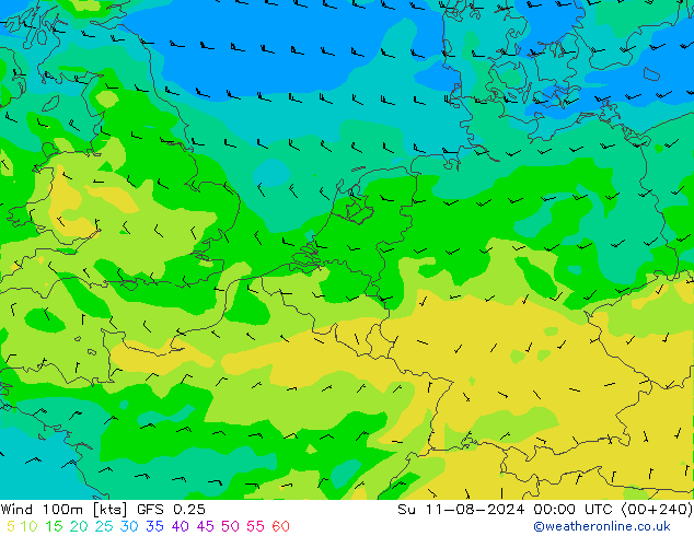 Wind 100m GFS 0.25 zo 11.08.2024 00 UTC