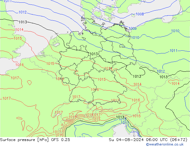 Luchtdruk (Grond) GFS 0.25 zo 04.08.2024 06 UTC