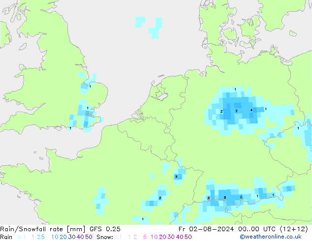 Rain/Snowfall rate GFS 0.25 星期五 02.08.2024 00 UTC