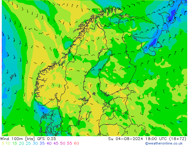 Wind 100m GFS 0.25 zo 04.08.2024 18 UTC