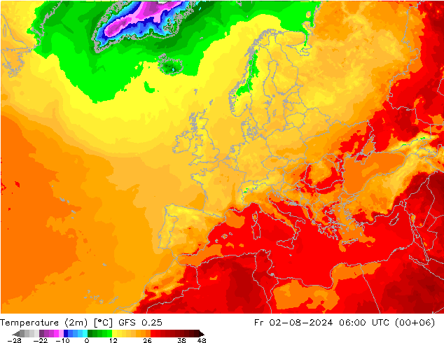 Temperatuurkaart (2m) GFS 0.25 vr 02.08.2024 06 UTC