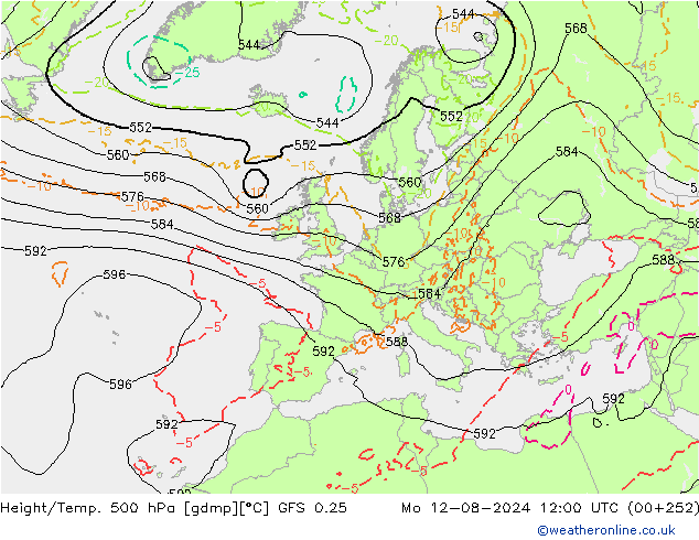 Z500/Rain (+SLP)/Z850 GFS 0.25 星期一 12.08.2024 12 UTC