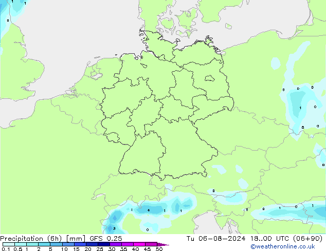 降水量 (6h) GFS 0.25 星期二 06.08.2024 00 UTC