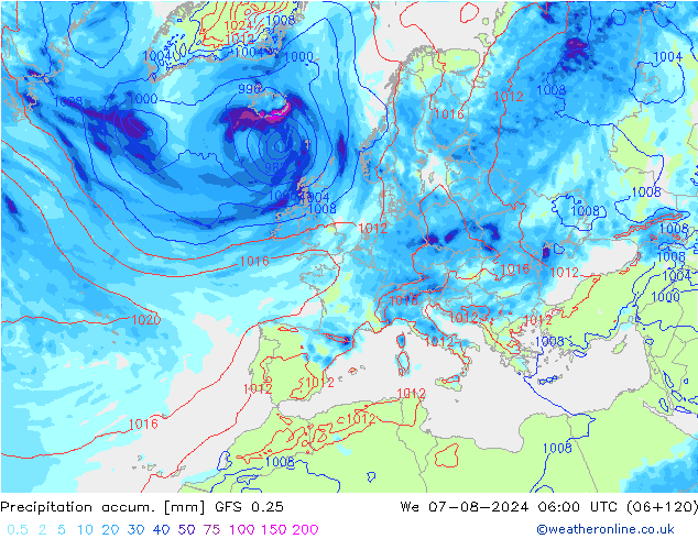 Precipitation accum. GFS 0.25 星期三 07.08.2024 06 UTC