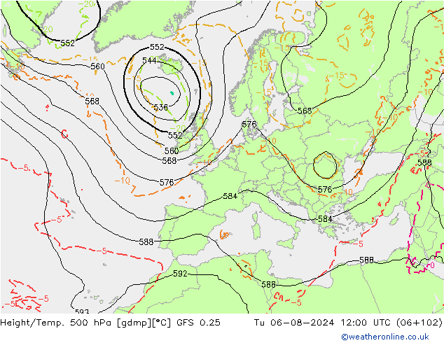 Z500/Rain (+SLP)/Z850 GFS 0.25 星期二 06.08.2024 12 UTC