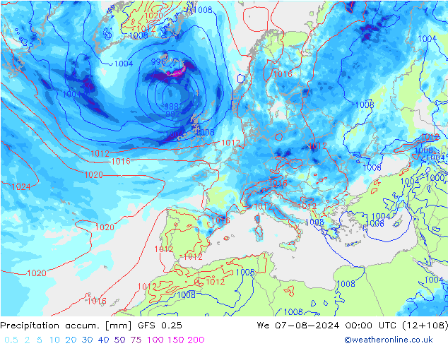 Totale neerslag GFS 0.25 wo 07.08.2024 00 UTC