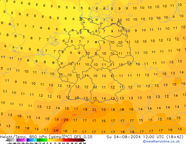 Hoogte/Temp. 850 hPa GFS 0.25 zo 04.08.2024 12 UTC