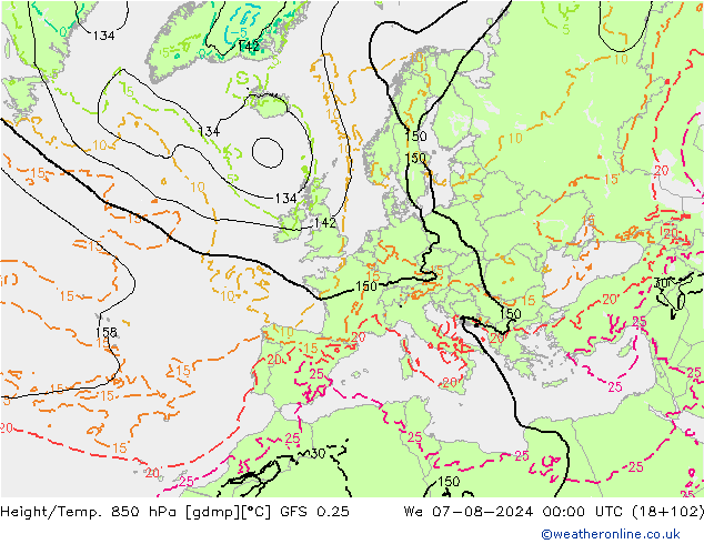 Hoogte/Temp. 850 hPa GFS 0.25 wo 07.08.2024 00 UTC