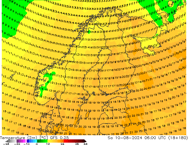 Temperatuurkaart (2m) GFS 0.25 za 10.08.2024 06 UTC