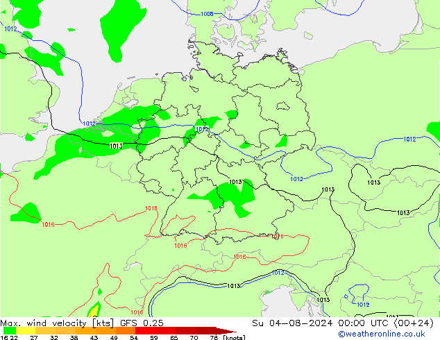 Max. wind snelheid GFS 0.25 zo 04.08.2024 00 UTC