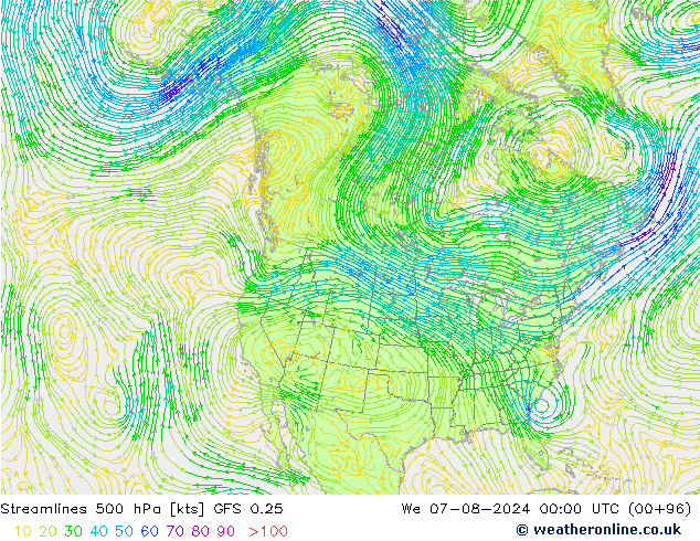 风 500 hPa GFS 0.25 星期三 07.08.2024 00 UTC