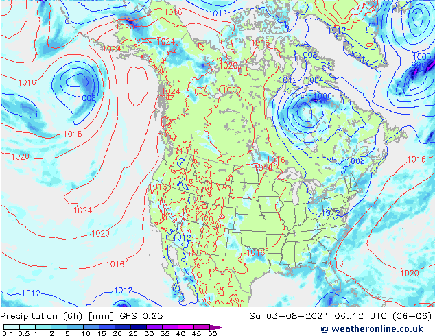 降水量 (6h) GFS 0.25 星期六 03.08.2024 12 UTC