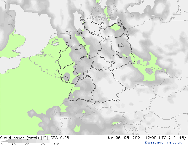 Bewolking (Totaal) GFS 0.25 ma 05.08.2024 12 UTC