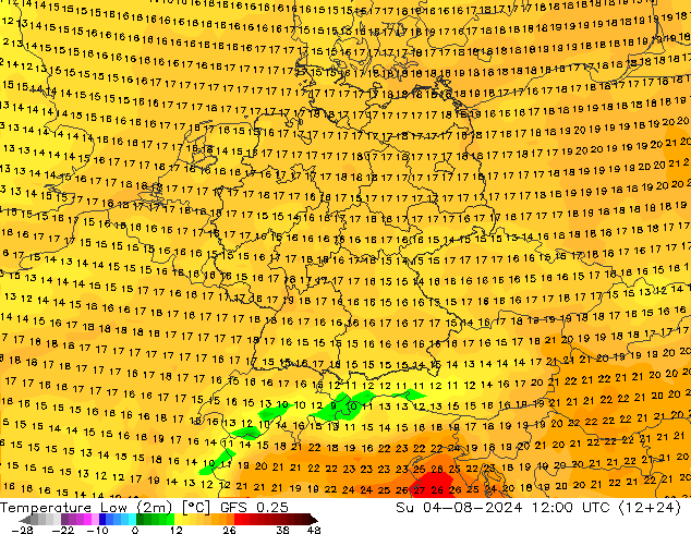 Min.temperatuur (2m) GFS 0.25 zo 04.08.2024 12 UTC