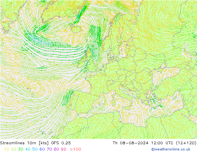 Stroomlijn 10m GFS 0.25 do 08.08.2024 12 UTC