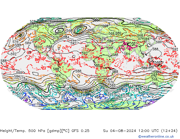 Z500/Rain (+SLP)/Z850 GFS 0.25 星期日 04.08.2024 12 UTC