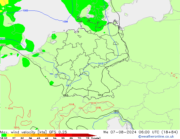 Max. wind snelheid GFS 0.25 wo 07.08.2024 06 UTC