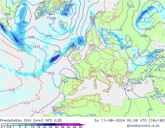 Z500/Rain (+SLP)/Z850 GFS 0.25 星期日 11.08.2024 06 UTC