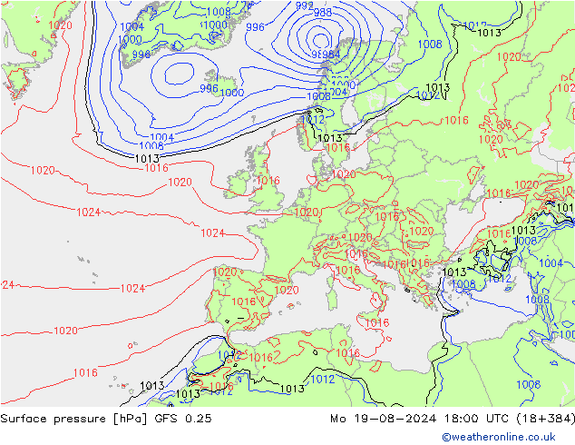 Luchtdruk (Grond) GFS 0.25 ma 19.08.2024 18 UTC