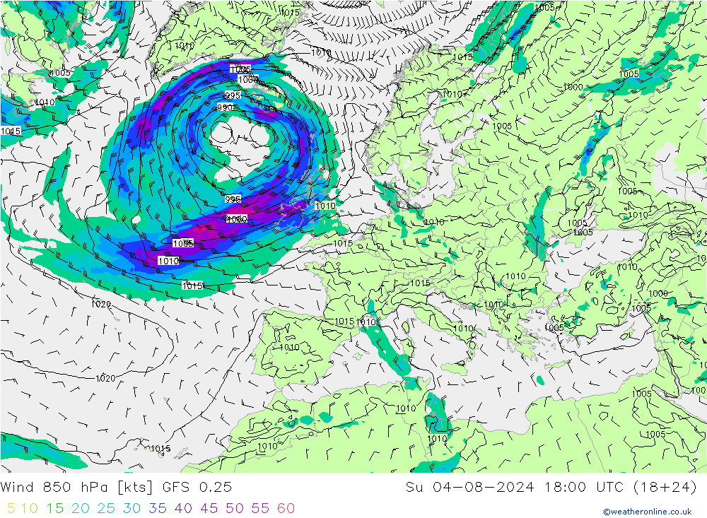 风 850 hPa GFS 0.25 星期日 04.08.2024 18 UTC